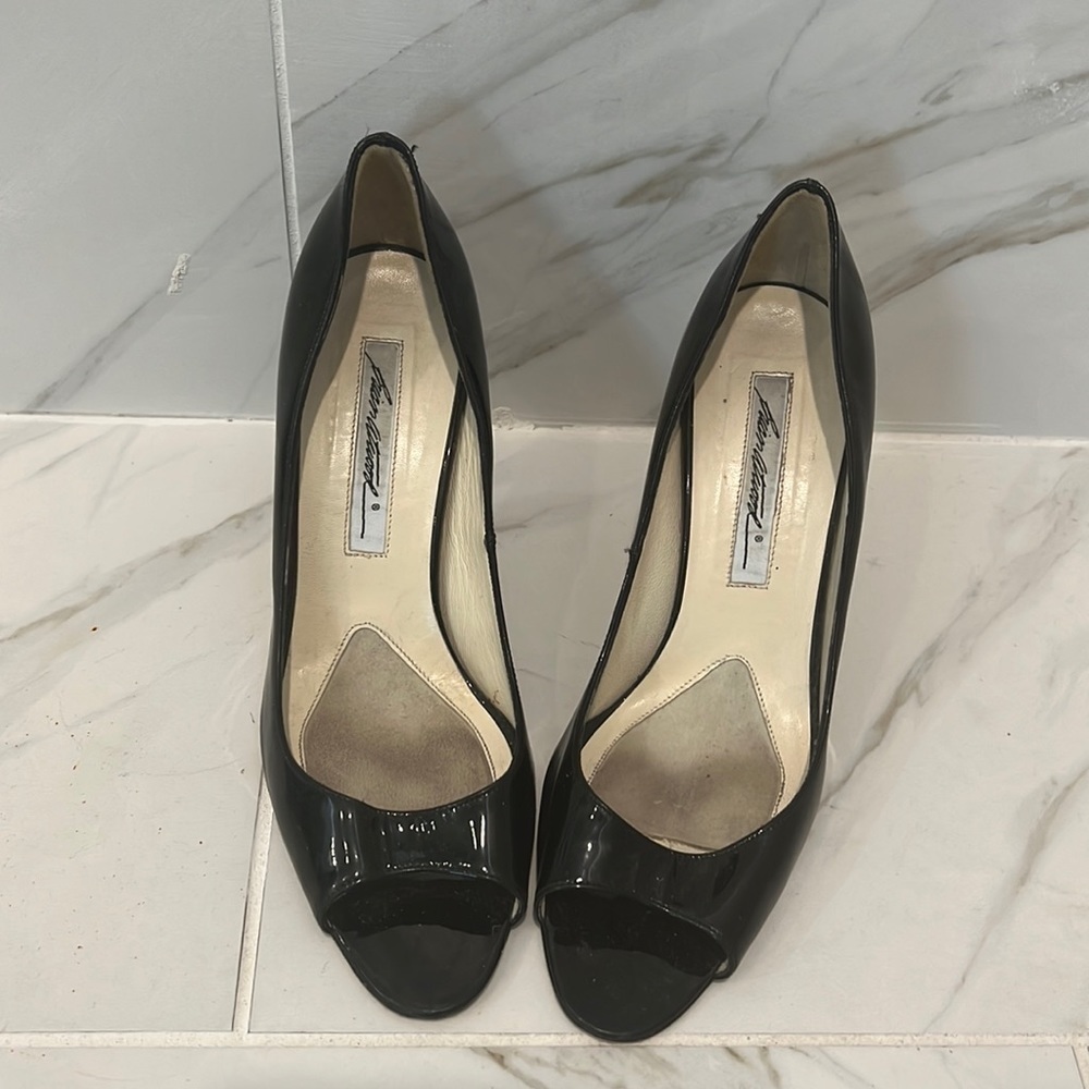 Brian Atwood patent leather peep toe heels